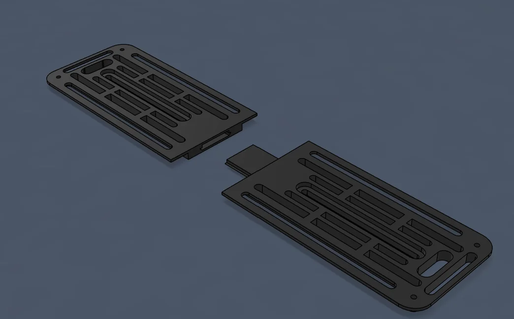 Universal holder — two halves separated, ready to slide together
